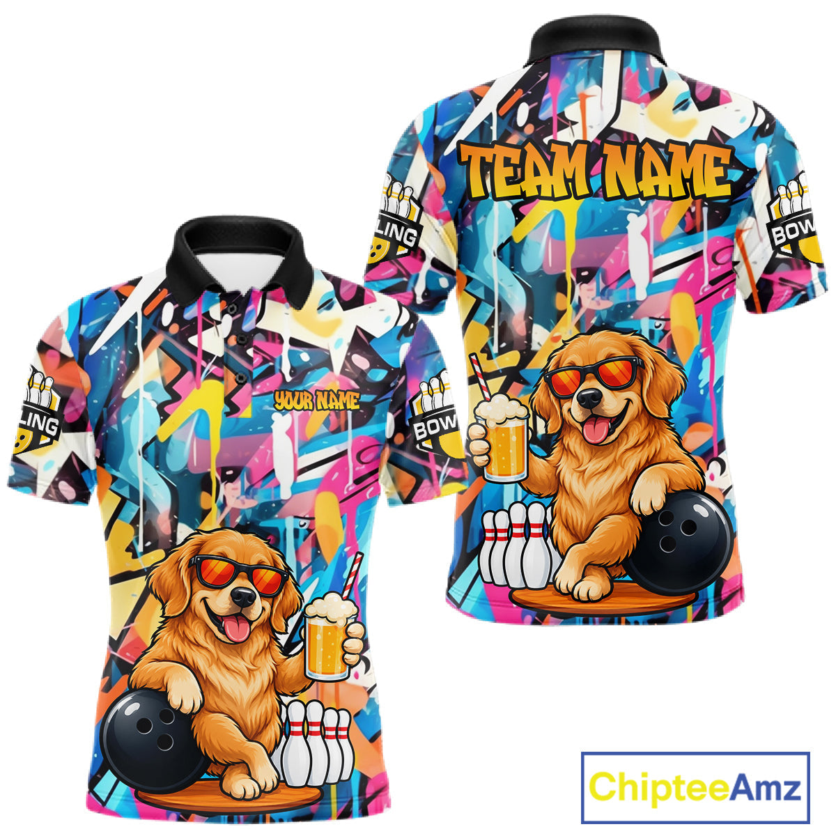 Funny Golden Retriever Dog Colorful Graffiti Bowling Shirts Custom Bowling Team Jersey
