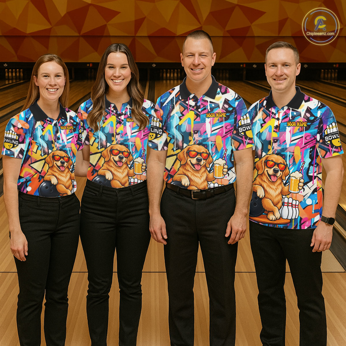 Funny Golden Retriever Dog Colorful Graffiti Bowling Shirts Custom Bowling Team Jersey