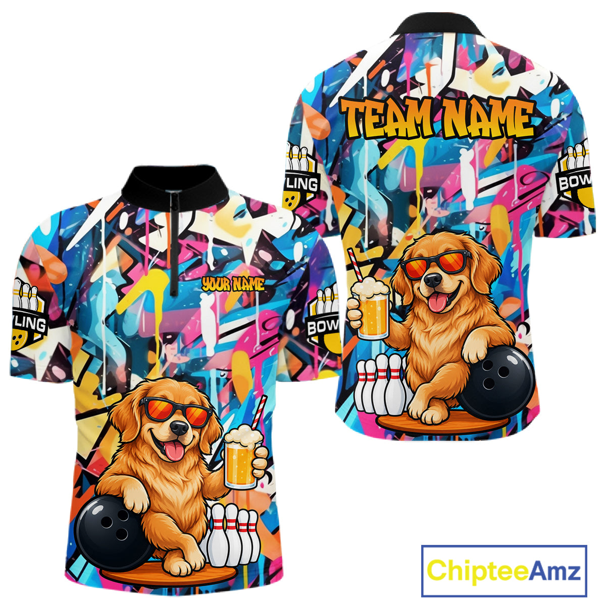 Funny Golden Retriever Dog Colorful Graffiti Bowling Shirts Custom Bowling Team Jersey