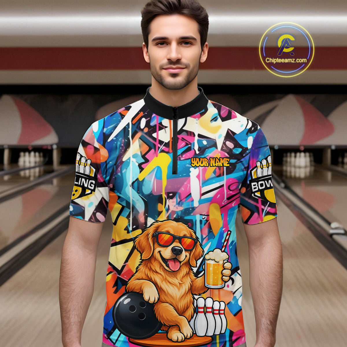 Funny Golden Retriever Dog Colorful Graffiti Bowling Shirts Custom Bowling Team Jersey