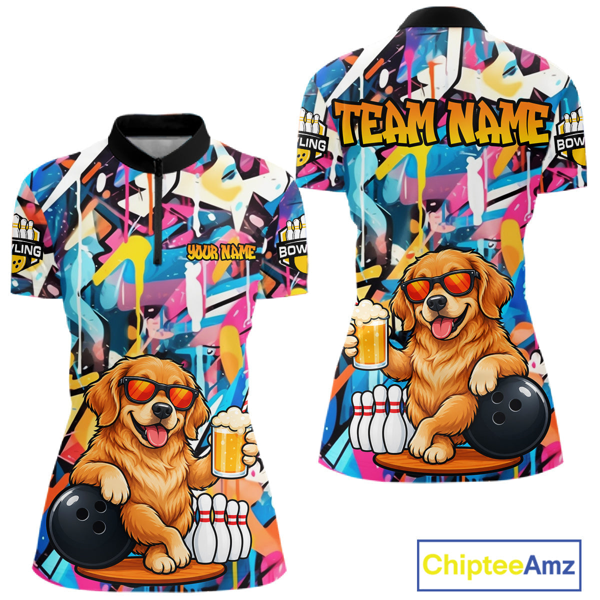 Funny Golden Retriever Dog Colorful Graffiti Bowling Shirts Custom Bowling Team Jersey