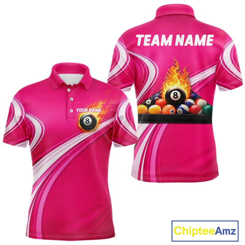 Personalized Pink Billiard Jersey Custom Flame 8 Ball Pool Billiard Shirt Polo & 1/4 Zip