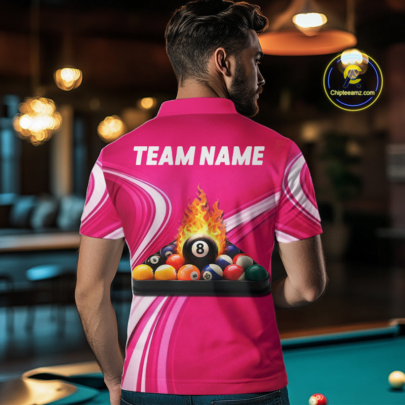Personalized Pink Billiard Jersey Custom Flame 8 Ball Pool Billiard Shirt Polo & 1/4 Zip