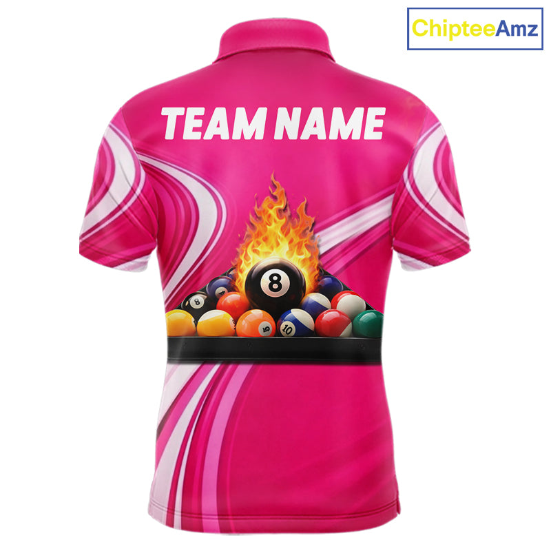 Personalized Pink Billiard Jersey Custom Flame 8 Ball Pool Billiard Shirt Polo & 1/4 Zip