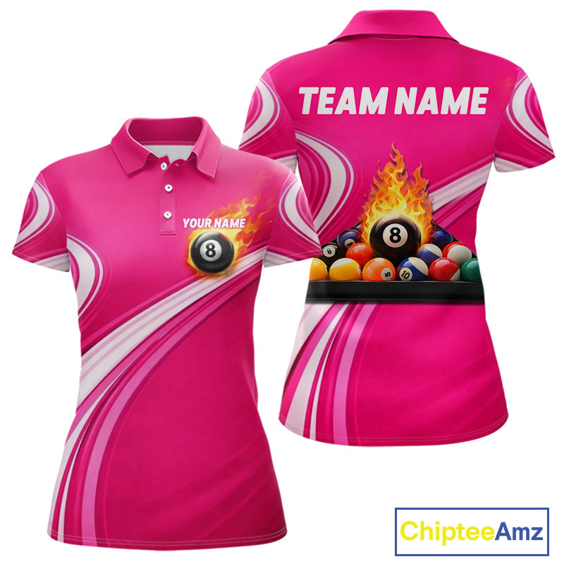 Personalized Pink Billiard Jersey Custom Flame 8 Ball Pool Billiard Shirt Polo & 1/4 Zip