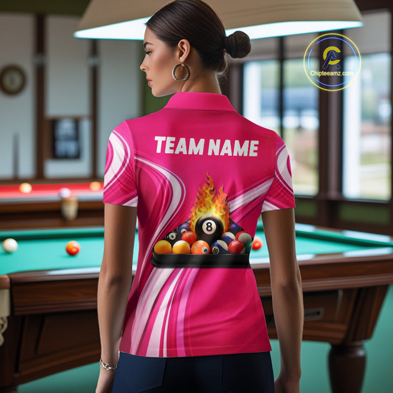 Personalized Pink Billiard Jersey Custom Flame 8 Ball Pool Billiard Shirt Polo & 1/4 Zip