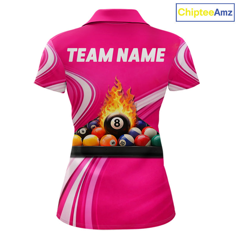 Personalized Pink Billiard Jersey Custom Flame 8 Ball Pool Billiard Shirt Polo & 1/4 Zip