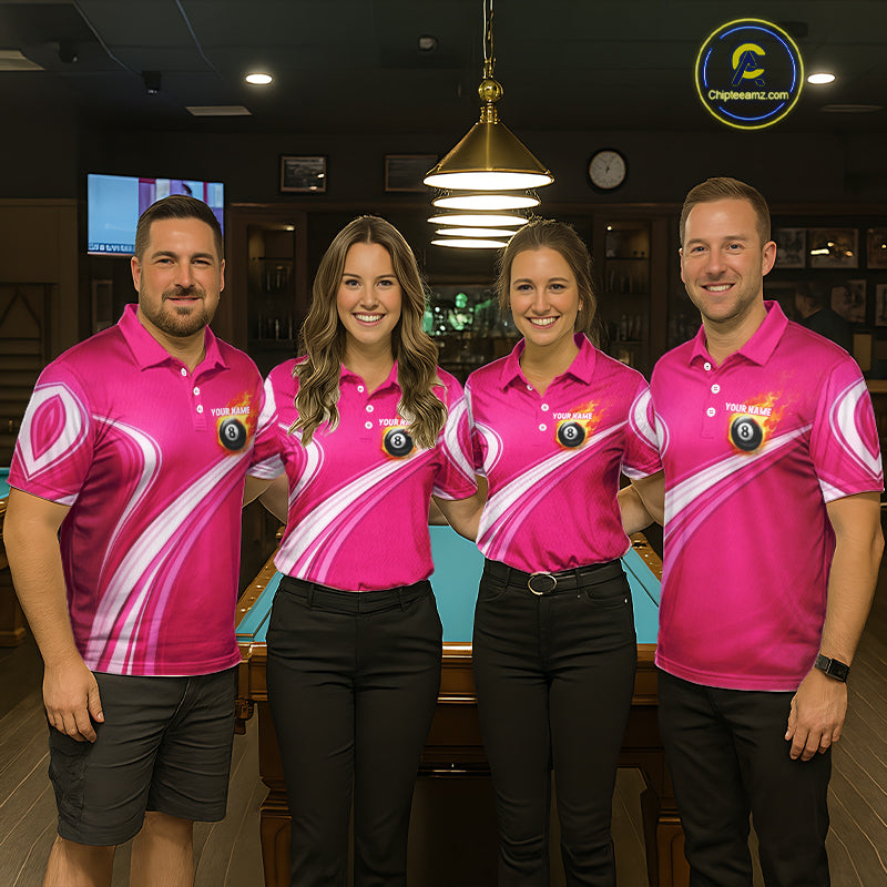 Personalized Pink Billiard Jersey Custom Flame 8 Ball Pool Billiard Shirt Polo & 1/4 Zip