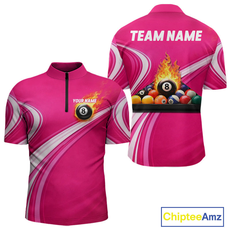 Personalized Pink Billiard Jersey Custom Flame 8 Ball Pool Billiard Shirt Polo & 1/4 Zip