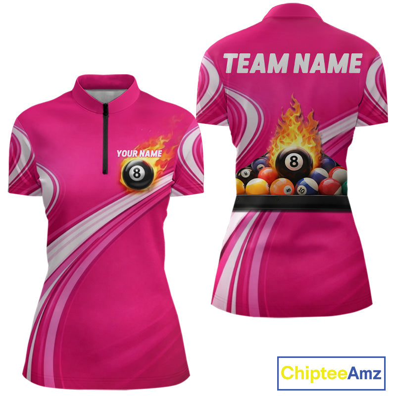 Personalized Pink Billiard Jersey Custom Flame 8 Ball Pool Billiard Shirt Polo & 1/4 Zip