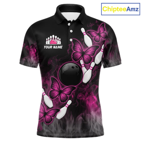 Pink Black Custom Butterfly Bowling Shirt, Smoke Bowling Team Jersey Polo & 1/4 Zip Shirt