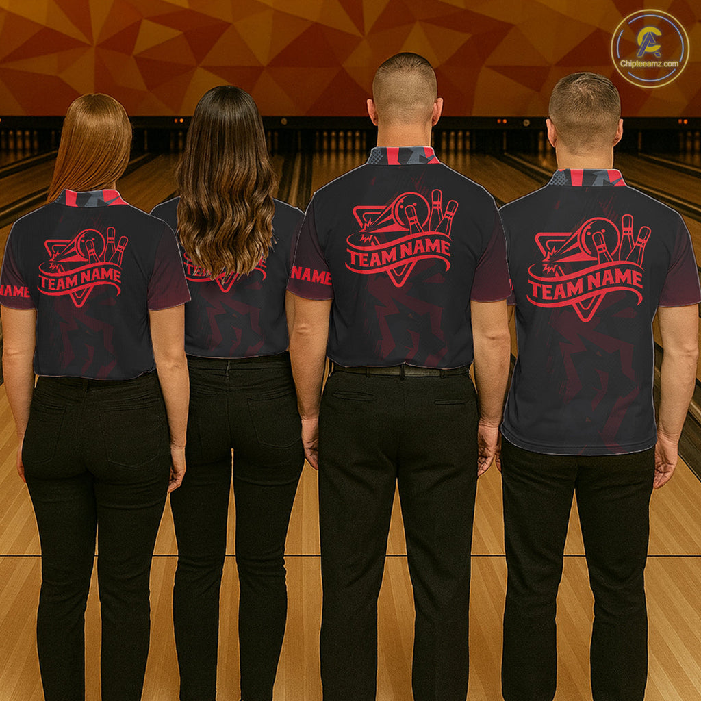 Personalized Black And Red Bowling Jersey Polo & 1/4 Zip Custom Bowling League Team Shirt