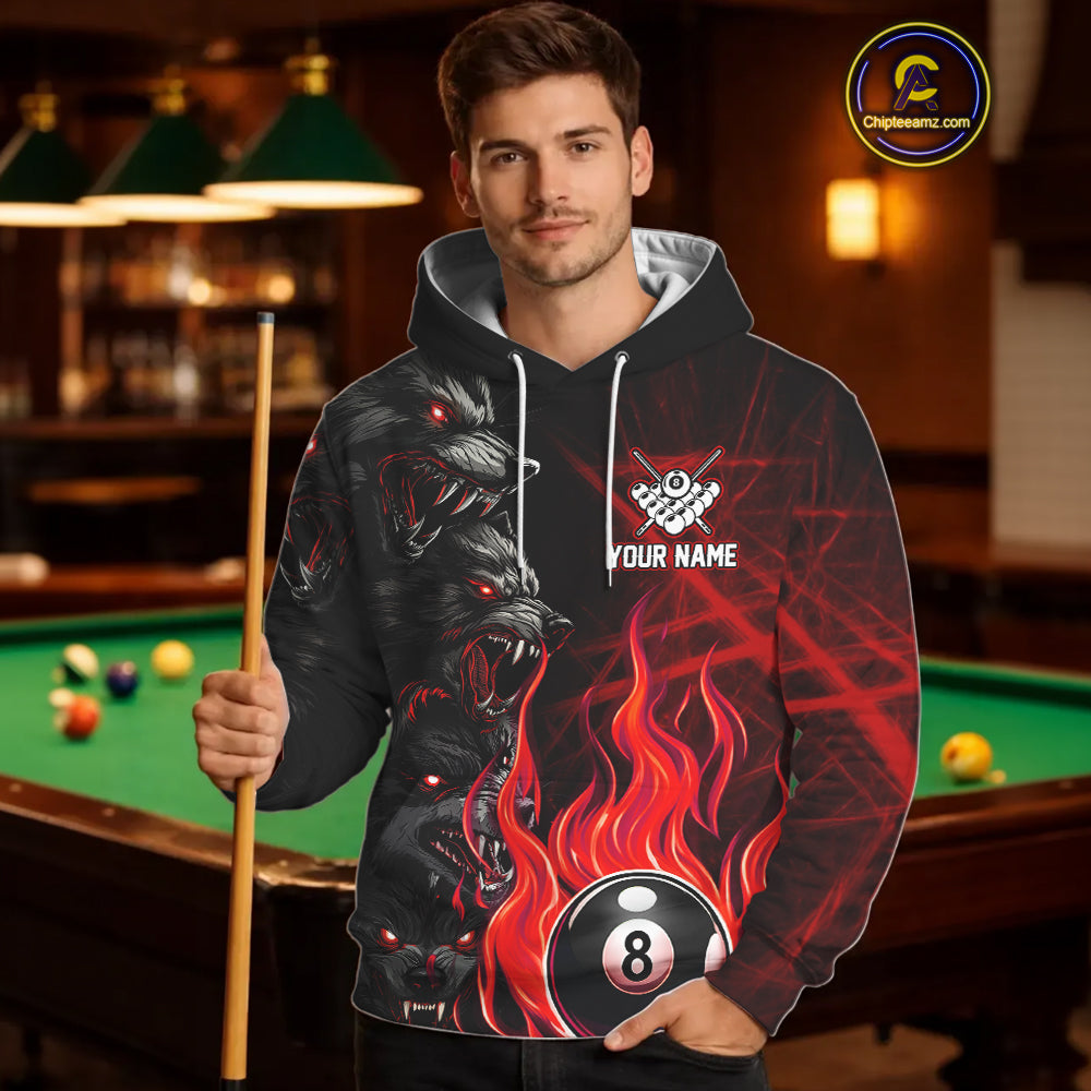 Personalized Red Flaming Wolf 8 Ball Hoodie For Pool Players Custom Billiard Hoodie Team Shirt