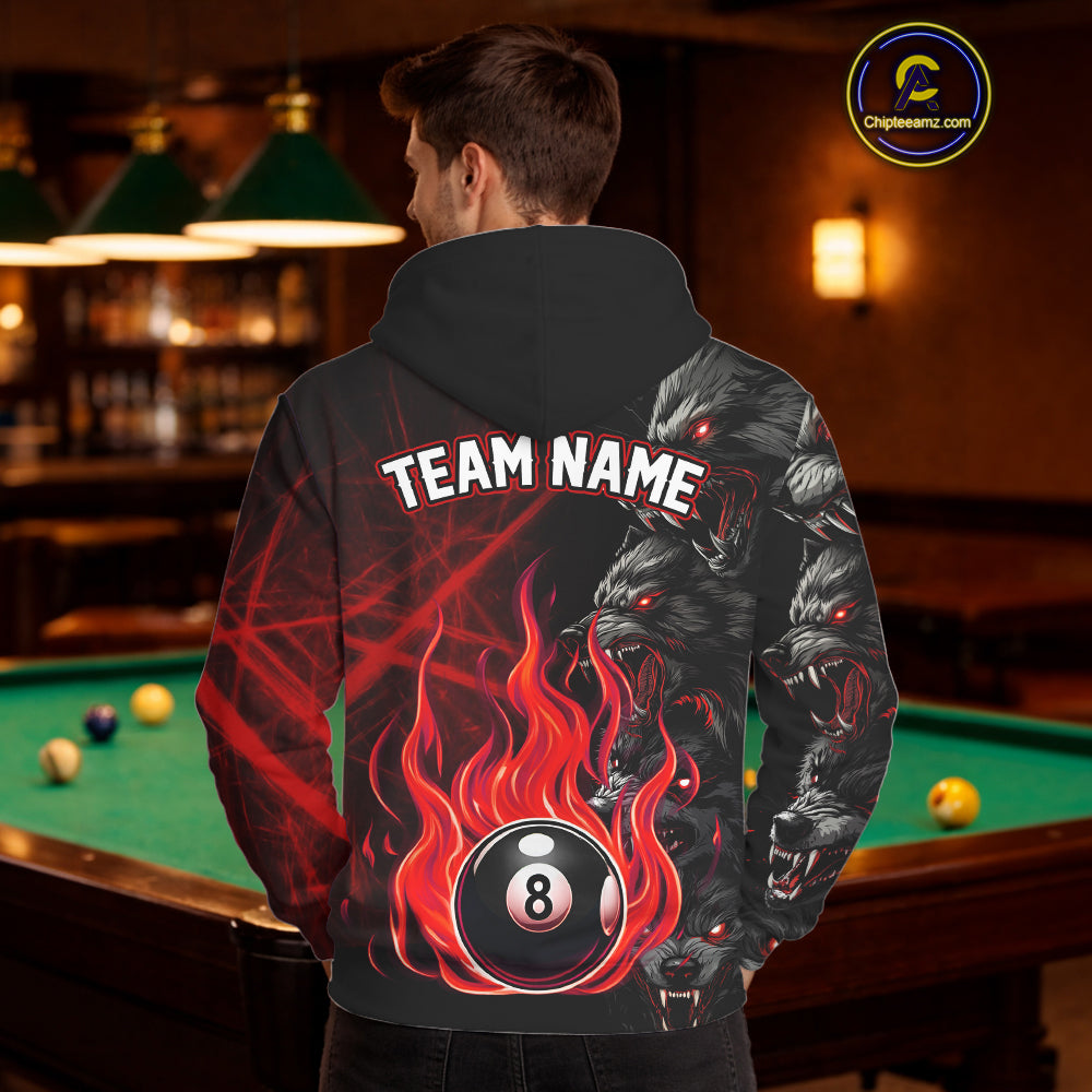 Personalized Red Flaming Wolf 8 Ball Hoodie For Pool Players Custom Billiard Hoodie Team Shirt