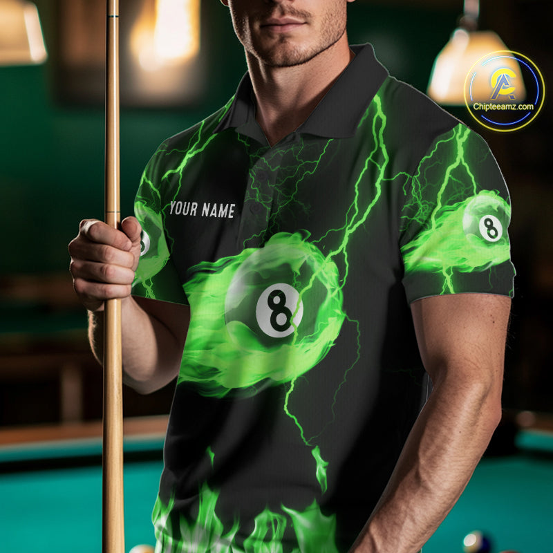 Personalized Green Flame Lightning 8 Ball Billiard Shirts Custom Pool Team Jersey