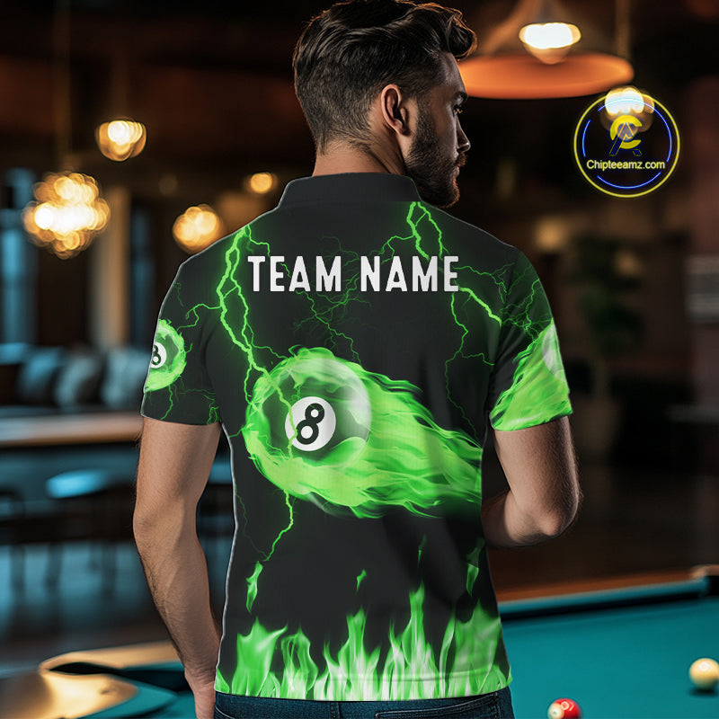 Personalized Green Flame Lightning 8 Ball Billiard Shirts Custom Pool Team Jersey