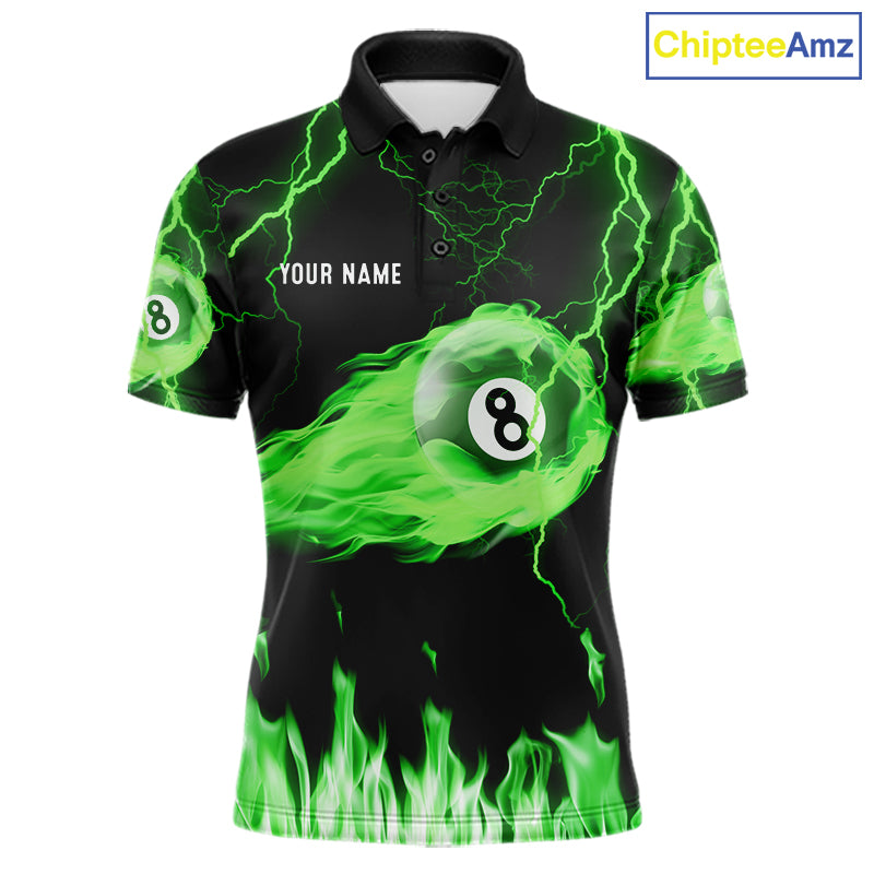 Personalized Green Flame Lightning 8 Ball Billiard Shirts Custom Pool Team Jersey