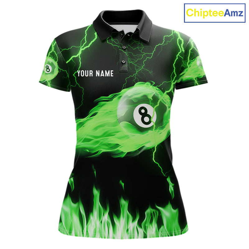 Personalized Green Flame Lightning 8 Ball Billiard Shirts Custom Pool Team Jersey
