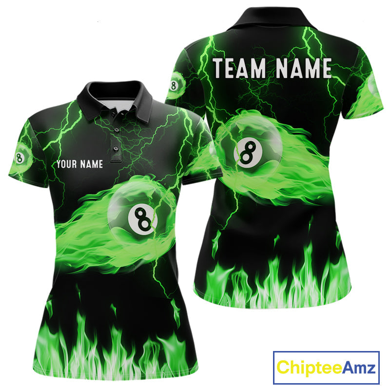 Personalized Green Flame Lightning 8 Ball Billiard Shirts Custom Pool Team Jersey