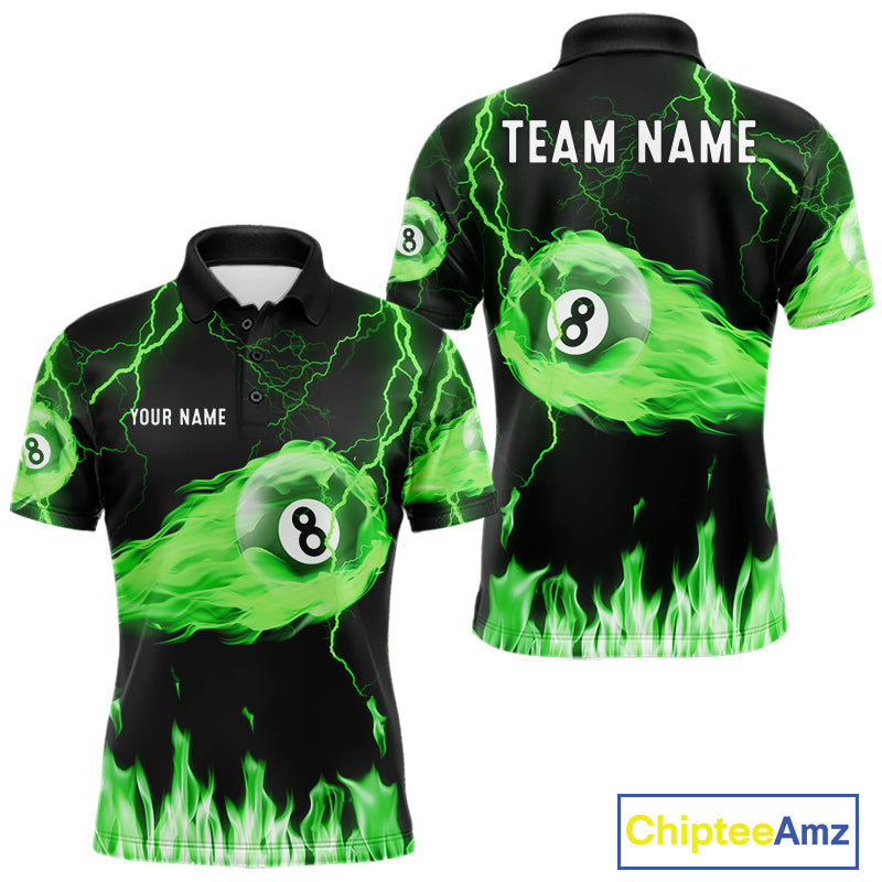 Personalized Green Flame Lightning 8 Ball Billiard Shirts Custom Pool Team Jersey