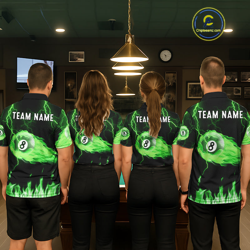 Personalized Green Flame Lightning 8 Ball Billiard Shirts Custom Pool Team Jersey