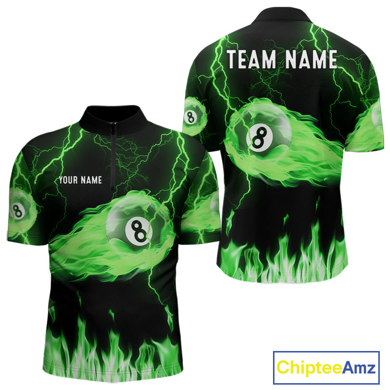 Personalized Green Flame Lightning 8 Ball Billiard Shirts Custom Pool Team Jersey
