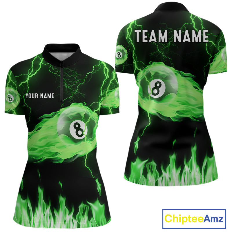 Personalized Green Flame Lightning 8 Ball Billiard Shirts Custom Pool Team Jersey