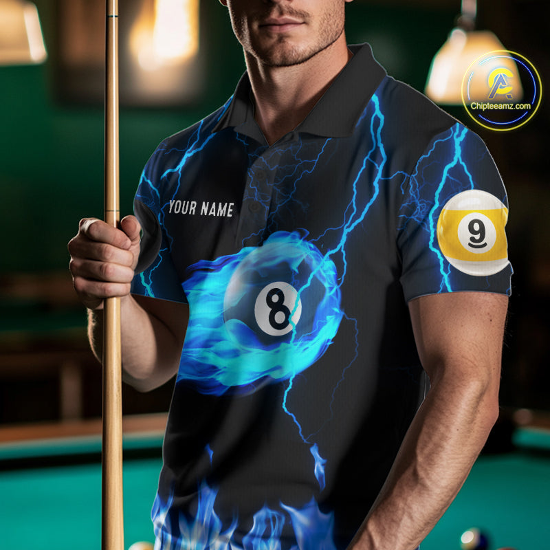 Blue Lightning Flame 8 Ball & 9 Ball Billiard Shirts Custom Pool Team Jersey Polo 1/4 Zip