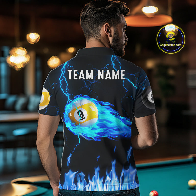 Blue Lightning Flame 8 Ball & 9 Ball Billiard Shirts Custom Pool Team Jersey Polo 1/4 Zip
