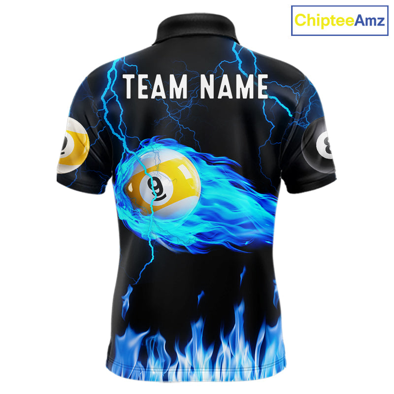 Blue Lightning Flame 8 Ball & 9 Ball Billiard Shirts Custom Pool Team Jersey Polo 1/4 Zip