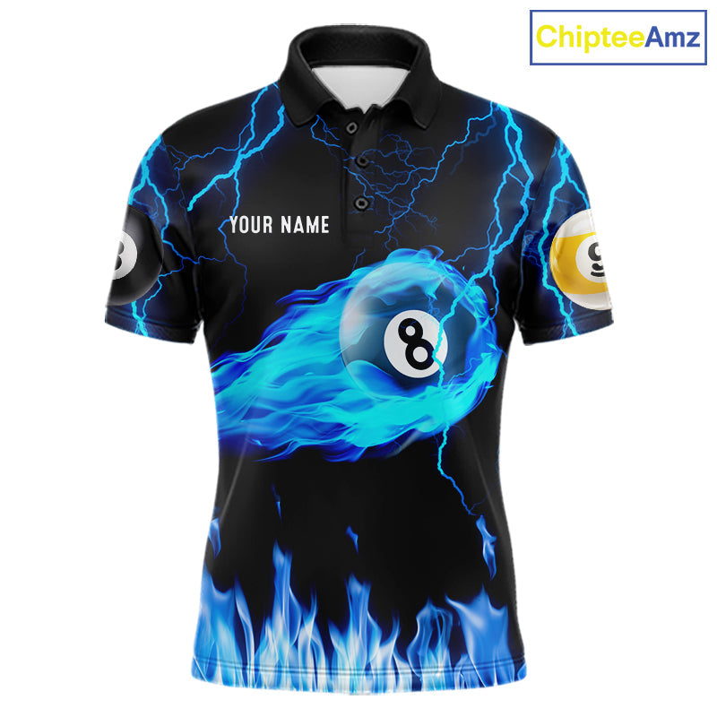 Blue Lightning Flame 8 Ball & 9 Ball Billiard Shirts Custom Pool Team Jersey Polo 1/4 Zip