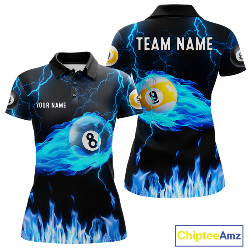 Blue Lightning Flame 8 Ball & 9 Ball Billiard Shirts Custom Pool Team Jersey Polo 1/4 Zip