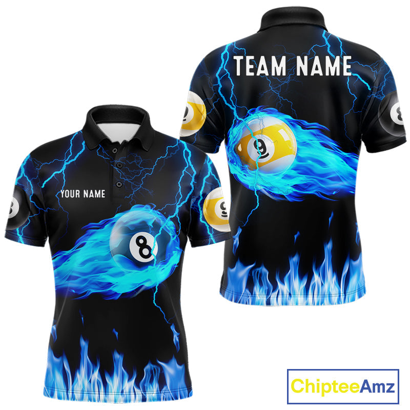 Blue Lightning Flame 8 Ball & 9 Ball Billiard Shirts Custom Pool Team Jersey Polo 1/4 Zip