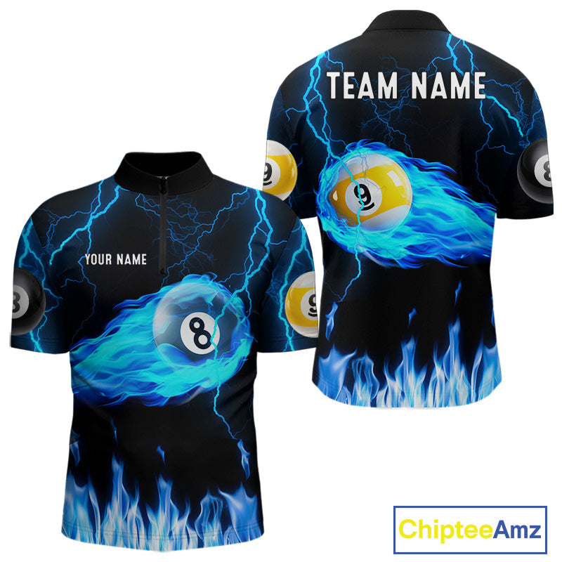 Blue Lightning Flame 8 Ball & 9 Ball Billiard Shirts Custom Pool Team Jersey Polo 1/4 Zip