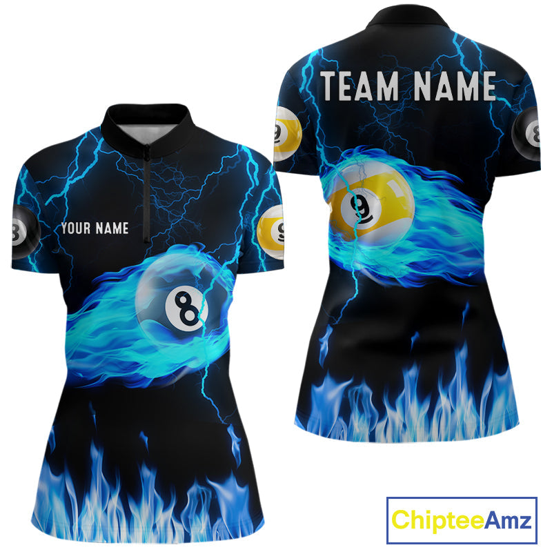 Blue Lightning Flame 8 Ball & 9 Ball Billiard Shirts Custom Pool Team Jersey Polo 1/4 Zip