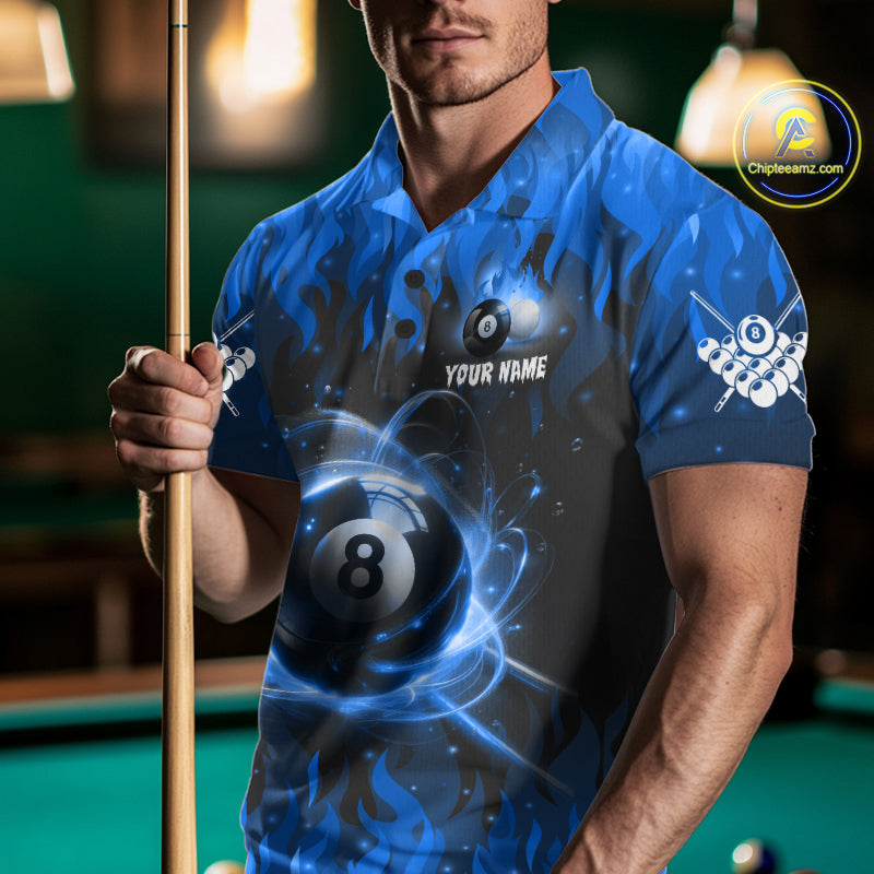Customized Blue 8 Ball Pool Fire Flame Billiard Shirts Billiard Team Jersey Polo 1/4 Zip