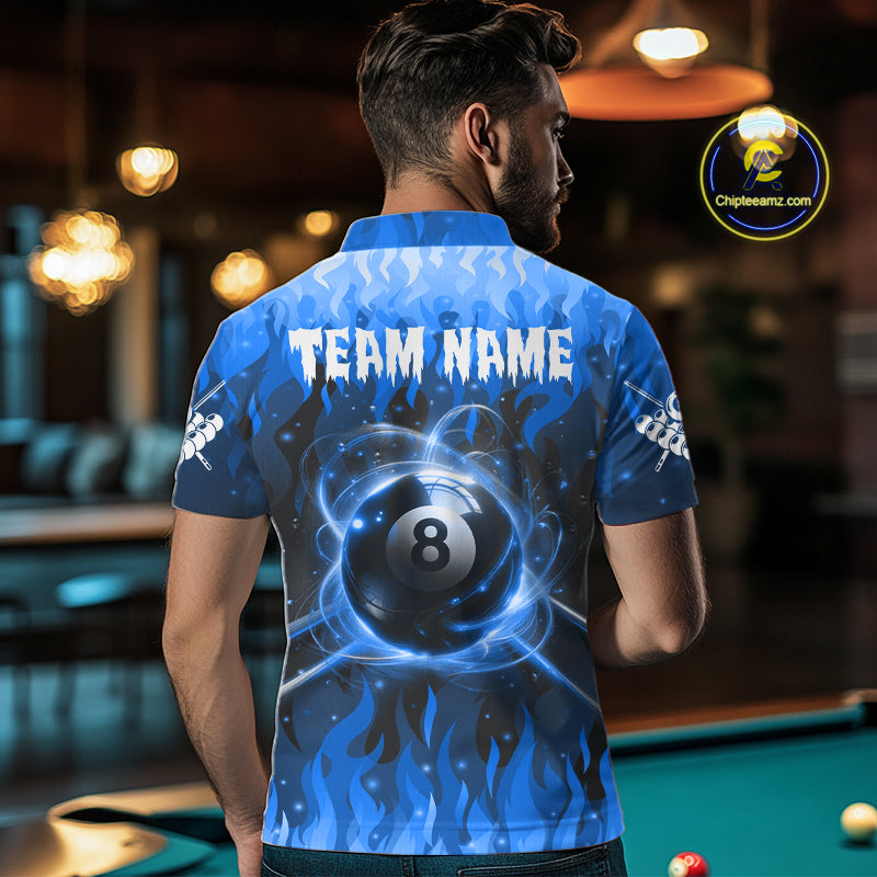 Customized Blue 8 Ball Pool Fire Flame Billiard Shirts Billiard Team Jersey Polo 1/4 Zip