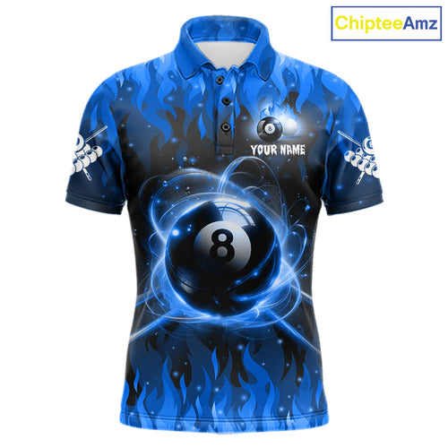 Customized Blue 8 Ball Pool Fire Flame Billiard Shirts Billiard Team Jersey Polo 1/4 Zip