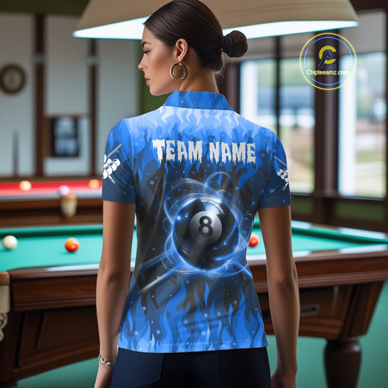 Customized Blue 8 Ball Pool Fire Flame Billiard Shirts Billiard Team Jersey Polo 1/4 Zip