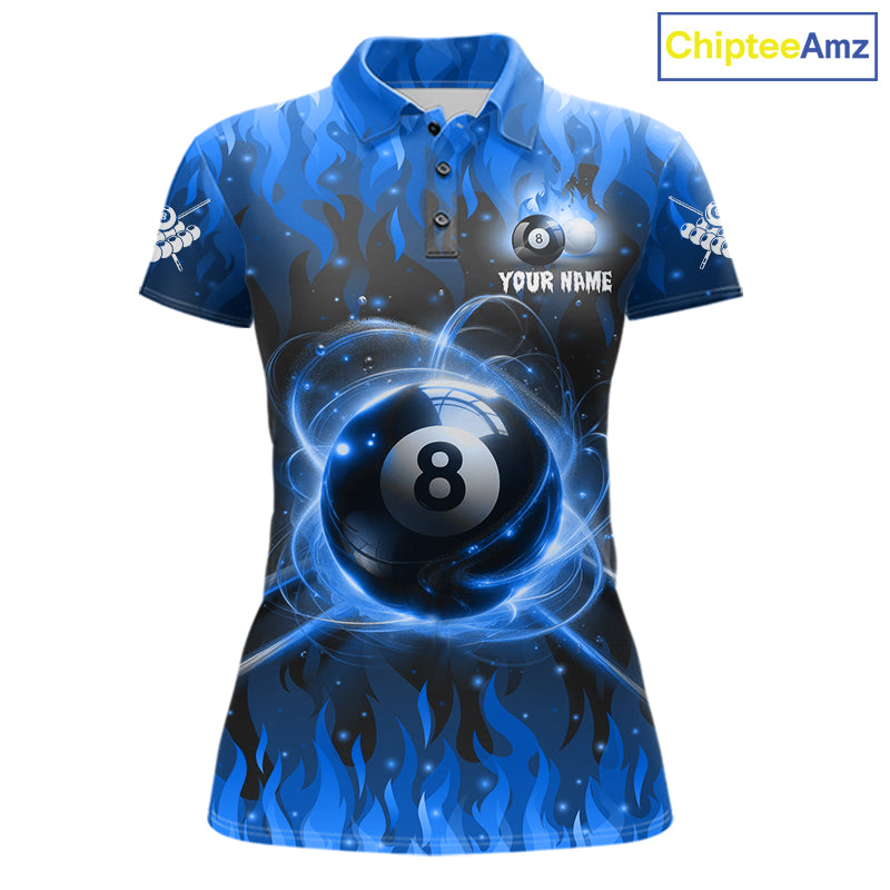 Customized Blue 8 Ball Pool Fire Flame Billiard Shirts Billiard Team Jersey Polo 1/4 Zip
