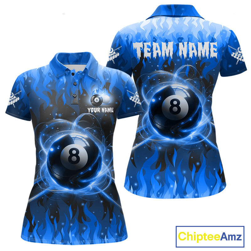 Customized Blue 8 Ball Pool Fire Flame Billiard Shirts Billiard Team Jersey Polo 1/4 Zip