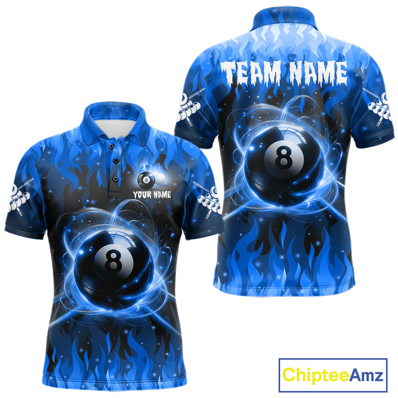 Customized Blue 8 Ball Pool Fire Flame Billiard Shirts Billiard Team Jersey Polo 1/4 Zip