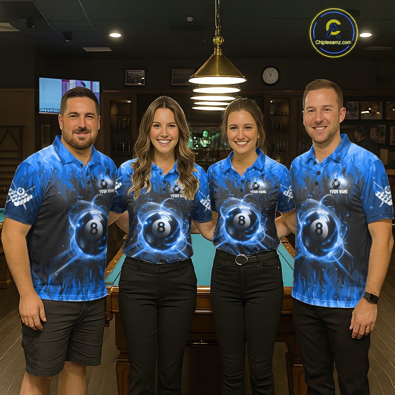 Customized Blue 8 Ball Pool Fire Flame Billiard Shirts Billiard Team Jersey Polo 1/4 Zip