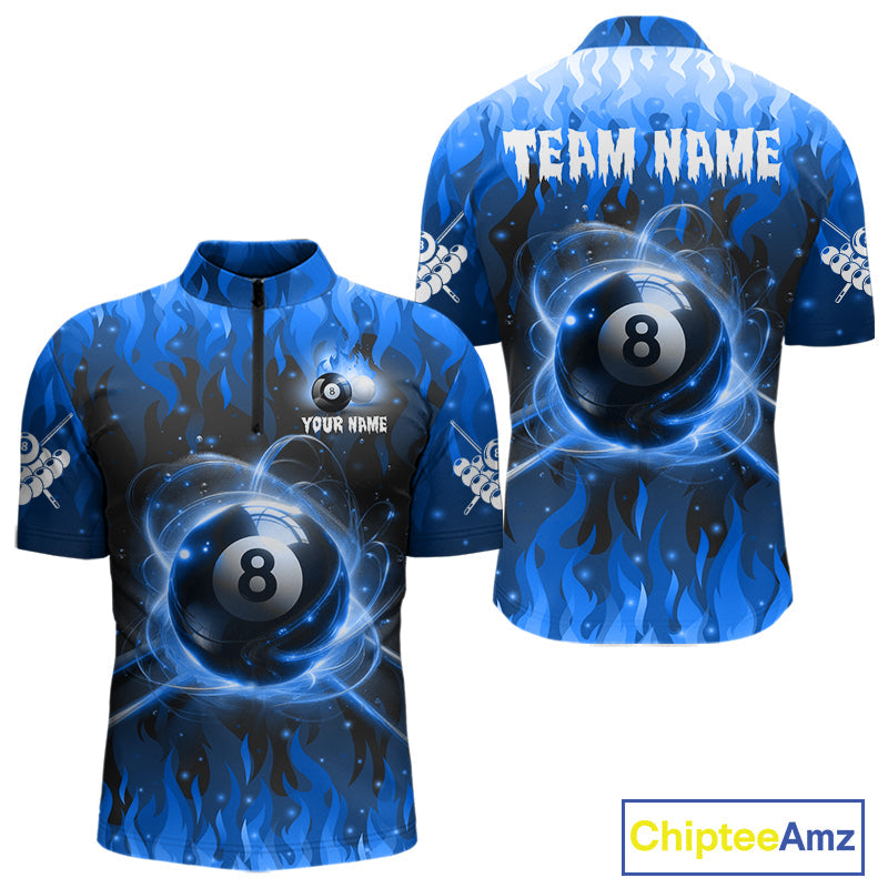 Customized Blue 8 Ball Pool Fire Flame Billiard Shirts Billiard Team Jersey Polo 1/4 Zip