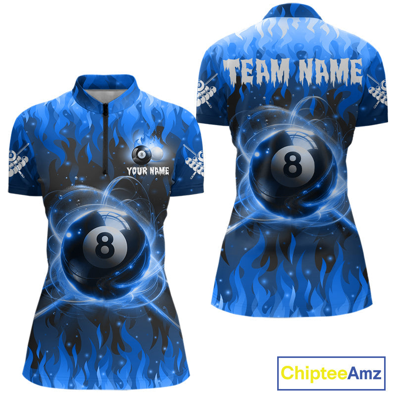 Customized Blue 8 Ball Pool Fire Flame Billiard Shirts Billiard Team Jersey Polo 1/4 Zip