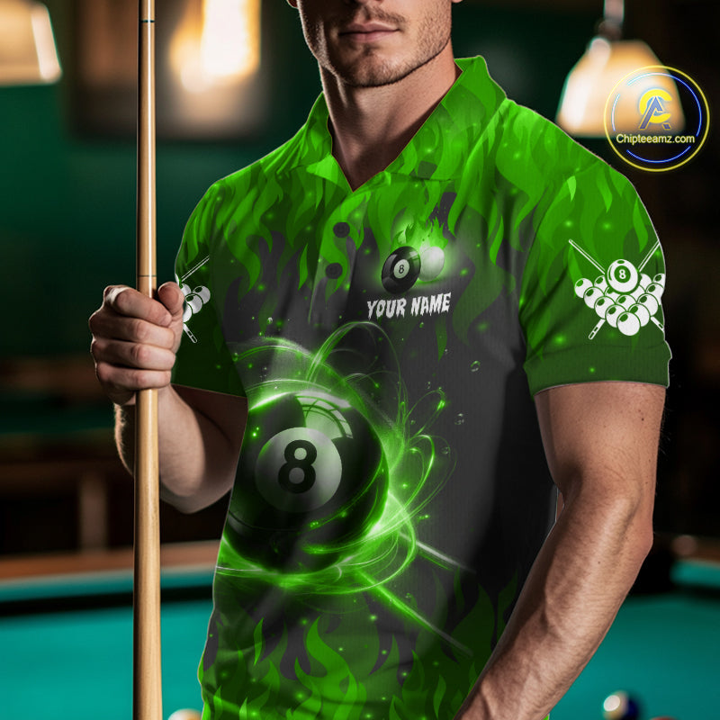 Customized Green 8 Ball Pool Fire Flame Billiard Shirts Billiard Team Jersey Polo 1/4 Zip