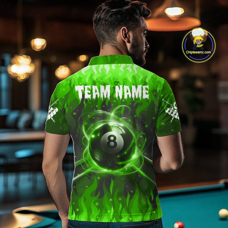 Customized Green 8 Ball Pool Fire Flame Billiard Shirts Billiard Team Jersey Polo 1/4 Zip