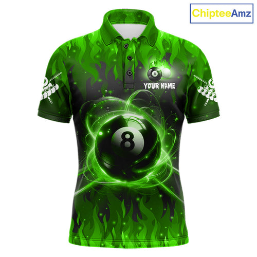 Customized Green 8 Ball Pool Fire Flame Billiard Shirts Billiard Team Jersey Polo 1/4 Zip