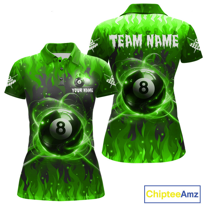 Customized Green 8 Ball Pool Fire Flame Billiard Shirts Billiard Team Jersey Polo 1/4 Zip