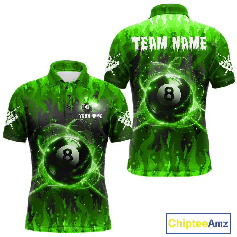 Customized Green 8 Ball Pool Fire Flame Billiard Shirts Billiard Team Jersey Polo 1/4 Zip